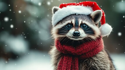 Cute Watercolor Raccoon in Santa Hat and Festive Scarf