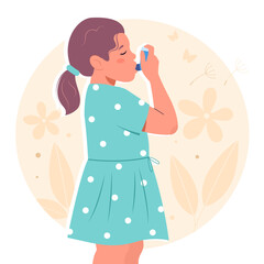 Little girl using an inhaler during an asthma attack.  Allergy, asthmatic. Inhalation medicine. Vector illustration