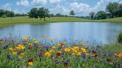 A serene landscape featuring a tranquil pond surrounded by colorful wildflowers under a blue sky.