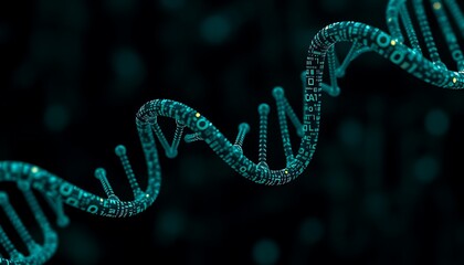 An artistic depiction of a DNA helix made of digital data, representing biotechnology and innovation.