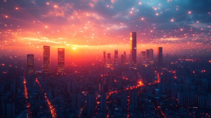 Fototapeta premium Stunning Overhead View of Urban Skyline During Sunset with Stunning Colors and Digital Connections Symbolizing Future Technology and City Life