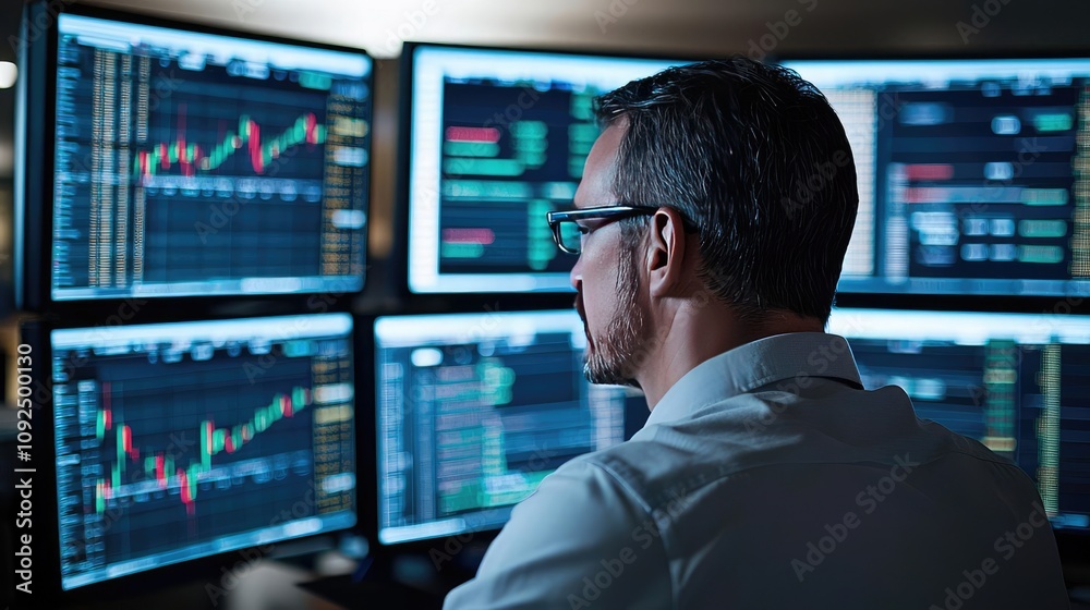 Poster person monitoring financial data on multiple screens in a modern office environment.