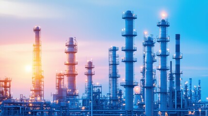 Obraz premium A vibrant industrial scene at sunset featuring tall smokestacks and equipment, highlighting the energy sector's infrastructure.