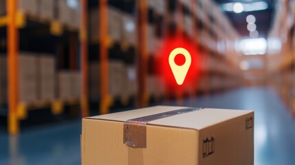 A cardboard box in a warehouse with a location pin overlay, indicating tracking and inventory management.