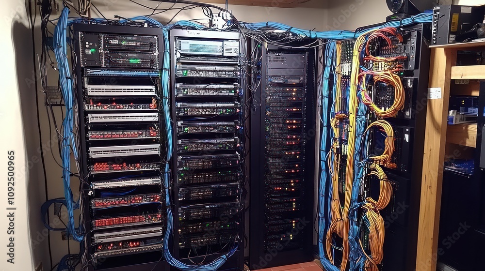 Poster network server room with extensive cabling and equipment