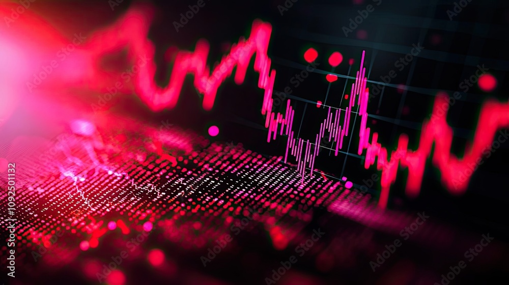 Poster abstract financial data chart with vibrant red lines on a dark background.