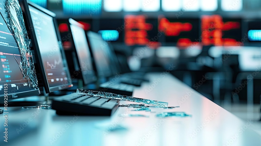 Poster Damaged computer monitors on a desk showing broken screens and data glitch.