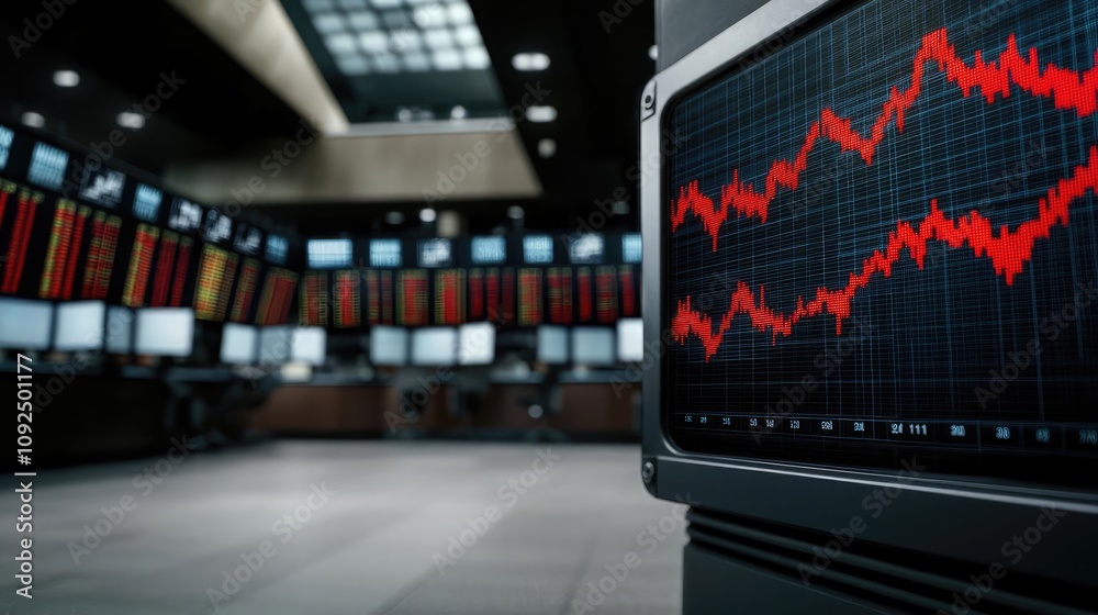 Poster Stock market display showing fluctuating red graph on digital screen.