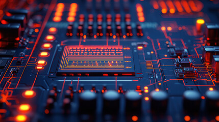 High tech circuit board with glowing orange lines and components, showcasing intricate details of cybernetic control center