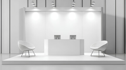 realistic trade show chairs and tables, or a white blank stand booth for corporate or exhibition 