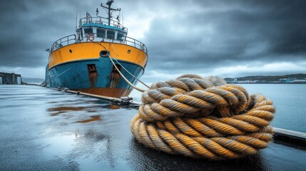 Obraz premium Fishing boat docked with coiled rope in foreground.