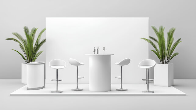 realistic trade show chairs and tables, or a white blank stand booth for corporate or exhibition 