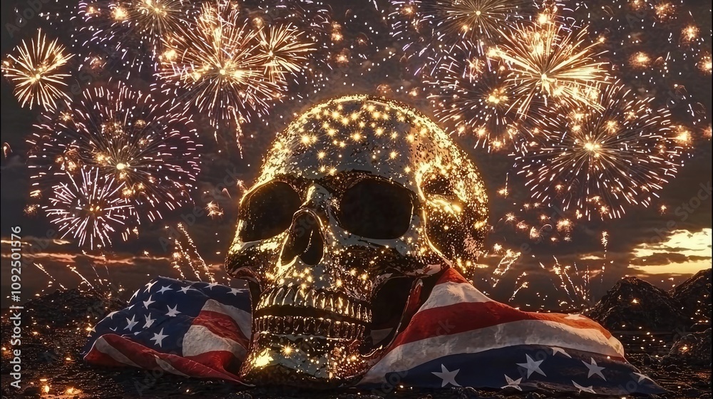 Poster glowing skull wrapped in an american flag with fireworks in the background.