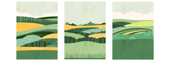 A4 brochure cover with abstract geometric design, aerial view farmland, vineyards, rice, rural landscapes. Green countryside, forest, agricultural field create a textured, vibrant flat illustration