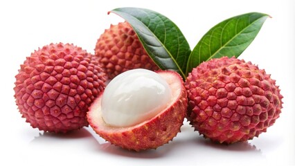 Ripe, juicy lychee with green leaf, isolated on white background