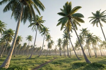 Obraz premium Tropical Palm Tree Pattern with Intricate Leaves and Natural Fiber Trunks, intricate leaves, embroidery pattern, natural fiber trunks, floral