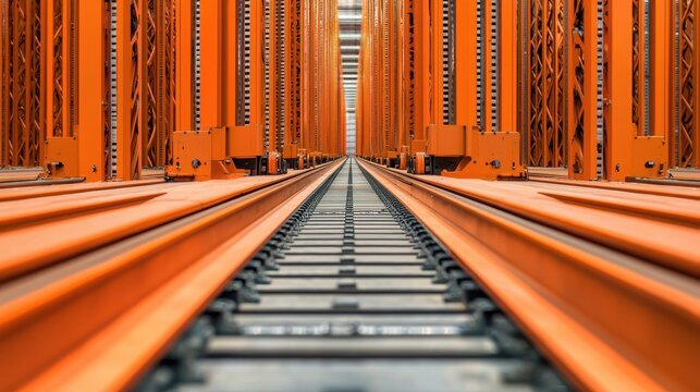 A perspective view of parallel tracks between towering orange storage shelves in a warehouse setting, emphasizing depth and industrial organization.