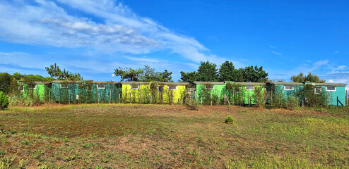 Colourful houses are located in a row near the sea.