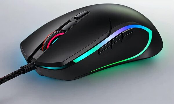 A sleek gaming mouse featuring RGB lighting and multiple buttons for enhanced gameplay.