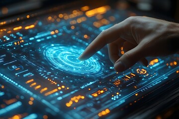 Naklejka premium a business hand pointing at a glowing holographic KPI dashboard floating in the air, set against a dark, professional office environment. KPI hologram interface