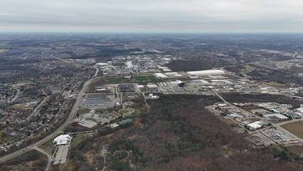 Aerial view of city with shopping center