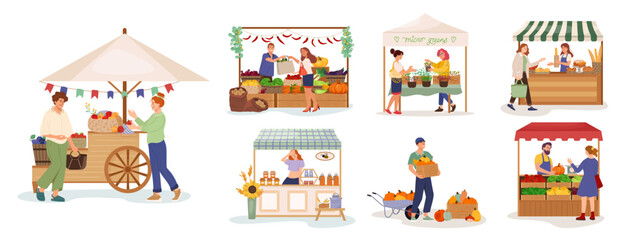 Fototapeta premium Set of farmers stalls with natural farming production Collection local market stalls and people Friendly vendor characters offering vegetables, bread, fruit and honey Flat vector illustration isolated