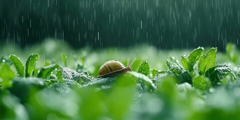 Obraz premium Snail in the Rain, A Close Up of a Snail Crawling on Lush Green Leaves During a Downpour