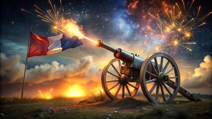 A depiction of a cannon firing during a night battle, with sparks illuminating the tricolor