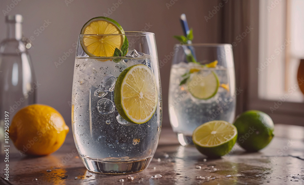 Poster two glasses of water with lime slices and ice cubes. a bottle of lemonade is also present