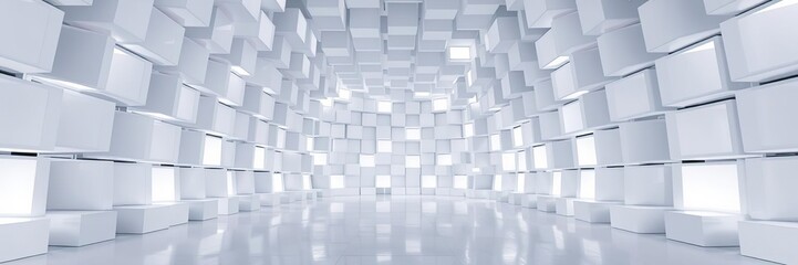 White cube walls forming a futuristic and unique tunnel design, modern architecture, unique design