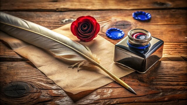 A quill dripping ink onto a parchment, with a spilled inkwell beside a tricolor rosette