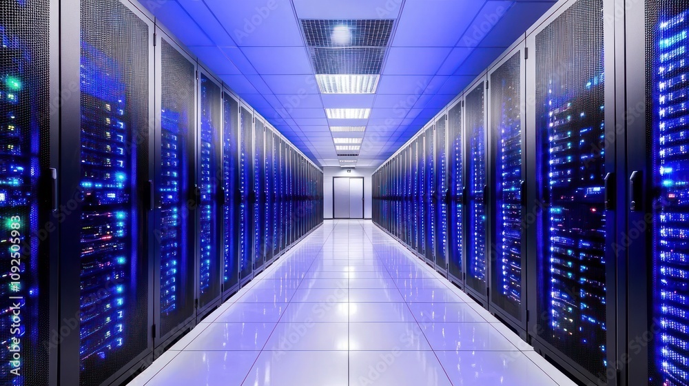 Poster illuminated server room data center corridor