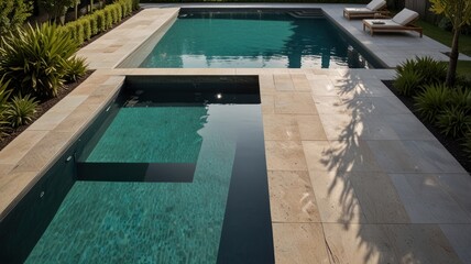 Obraz premium Modern backyard swimming pool and spa with beige stone paving.