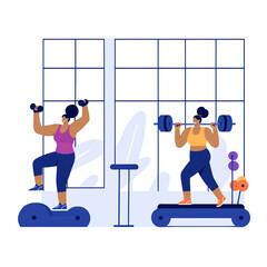 Fototapeta premium Both male and female are working out and training at the gym. Fitness enthusiasts jog on a treadmill and lift weights and dumbbells. Exercise, fitness, fitness, sport, and running. Vector ill