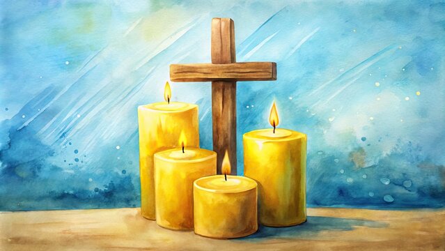 Watercolor Candles and Cross for All Saints Day, Easter, and Christmas Celebrations - Spiritual and Festive Design for Cards, Invitations, and Banners
