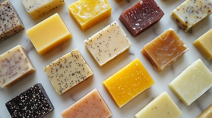 Artisanal Soap Collection on White Surface Featuring Various Textures and Colors in a Clean and Minimalist Arrangement