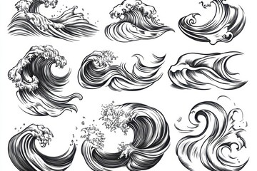 Fototapeta premium Hand drawn underwater natural elements. Sketch of reef corals and swimming fishes. Monochrome horizontal illustration of sea life. Black background 