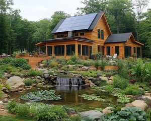 Obraz premium Eco-Friendly Home Green Living energy-saving sustainability, displaying an outdoor patio with rainwater collection barrels, solar garden lights, and eco-friendly furnishings.