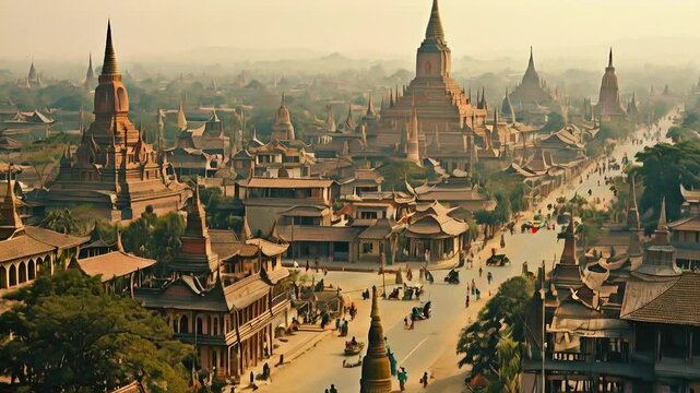 Pyu City-States' Urban Landscape: A view of a thriving Pyu city-state in Myanmar, featuring circular moated structures, grand temples, and lively streets. The soft, muted hues of film photography enha
