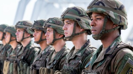 Fototapeta premium Military Personnel in Green Uniforms Aligned in a Row