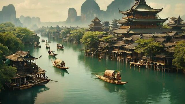 Fabled Kingdom of Funan Amidst Rivers: The ancient Funan civilization with a view of interconnected cities on stilts surrounded by rivers. Wooden boats carry goods, and distant temple spires rise abov