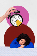 Vertical photo collage of tired american girl lay table hand hold alarm clock regime deadline early...