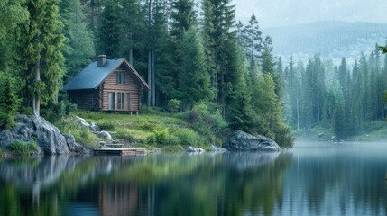 Fototapeta premium A serene lakeside cabin surrounded by lush trees and mountains, reflecting tranquility.
