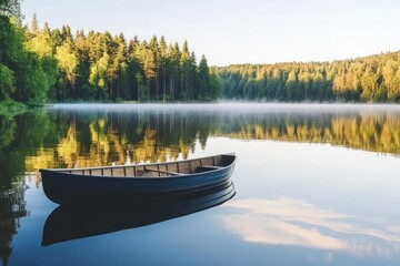 Obraz premium Tranquil Lakeside Dawn with Rowboat and Mist