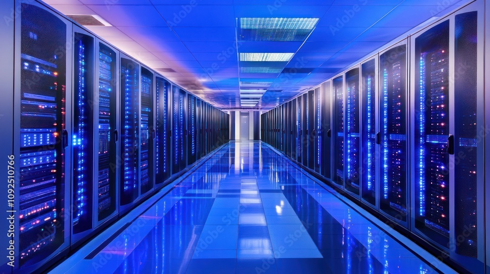 Aufkleber Illuminated Server Racks In Modern Data Center Corridor