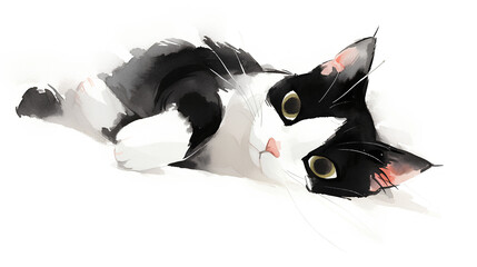 A playful watercolor sketch of a tuxedo cat with a black and white pattern, on a bright white background