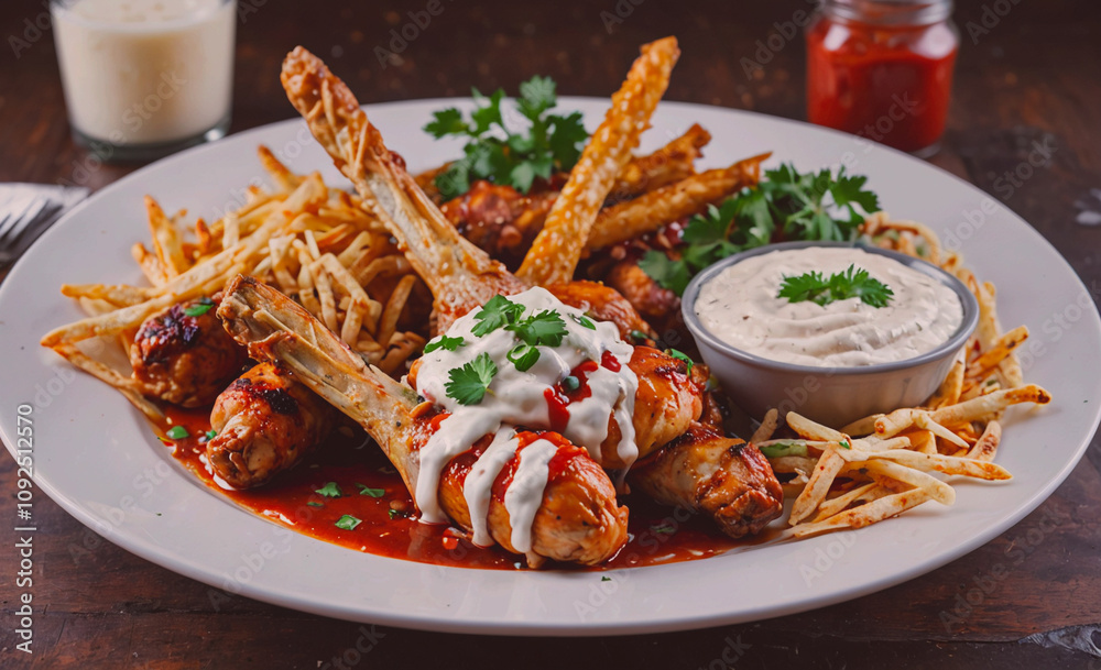 Poster plate of chicken wings and french fries with a white sauce. the sauce is in a bowl on the left side 