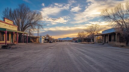 Obraz premium A deserted street in a small town at sunset, showcasing rustic buildings and a tranquil atmosphere.