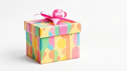 A colorful multicolored gift box sitting on a white background with a large bow tied to its edge, gift box, gift, elegant