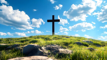 A wooden cross stands tall on a grassy hilltop against a backdrop of a bright blue sky and fluffy white clouds. This image symbolizes faith, hope, and the beauty of nature.